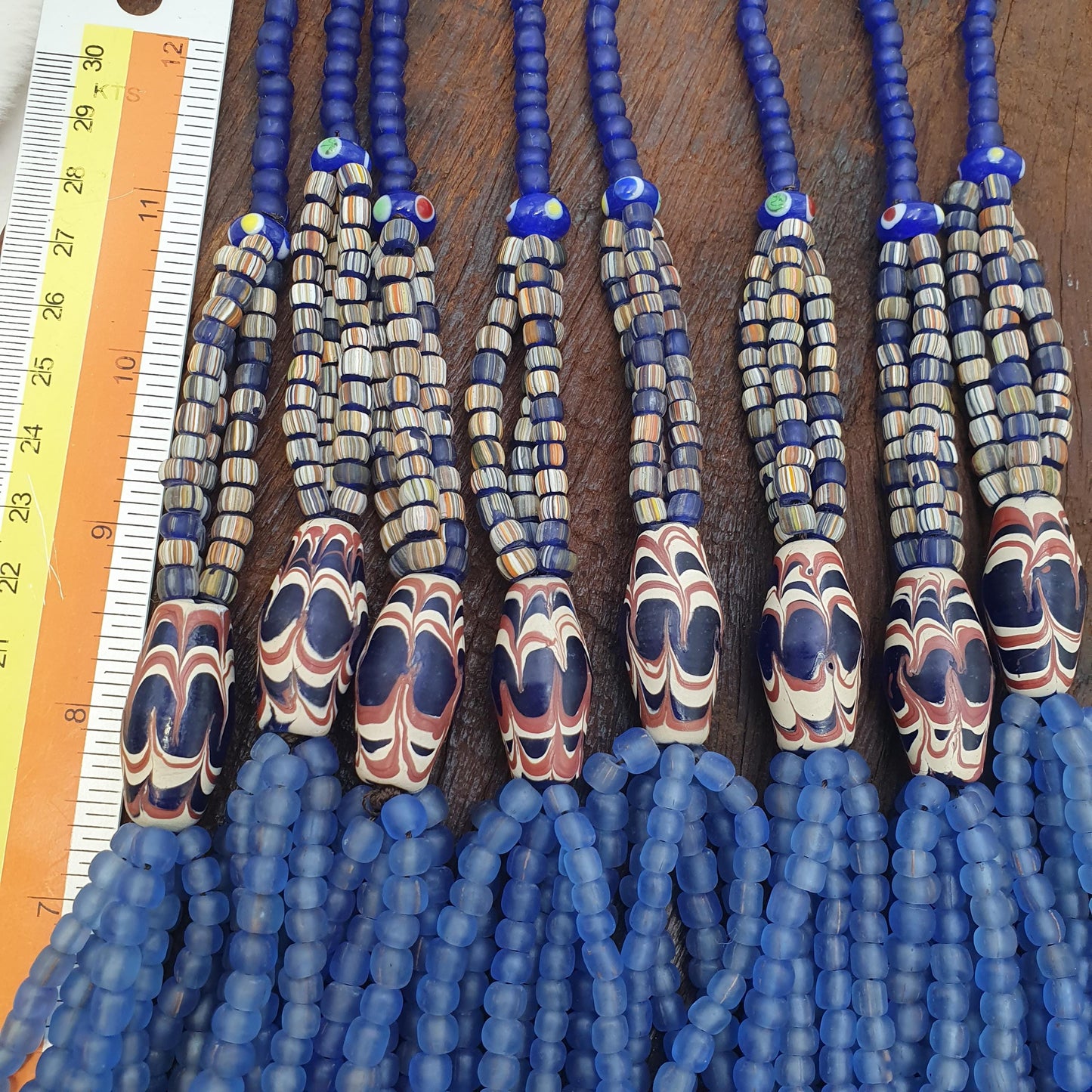 Blue African Trade Seed Beads Multi-Color Striped Strands Glass Feather Beads 25" long necklace