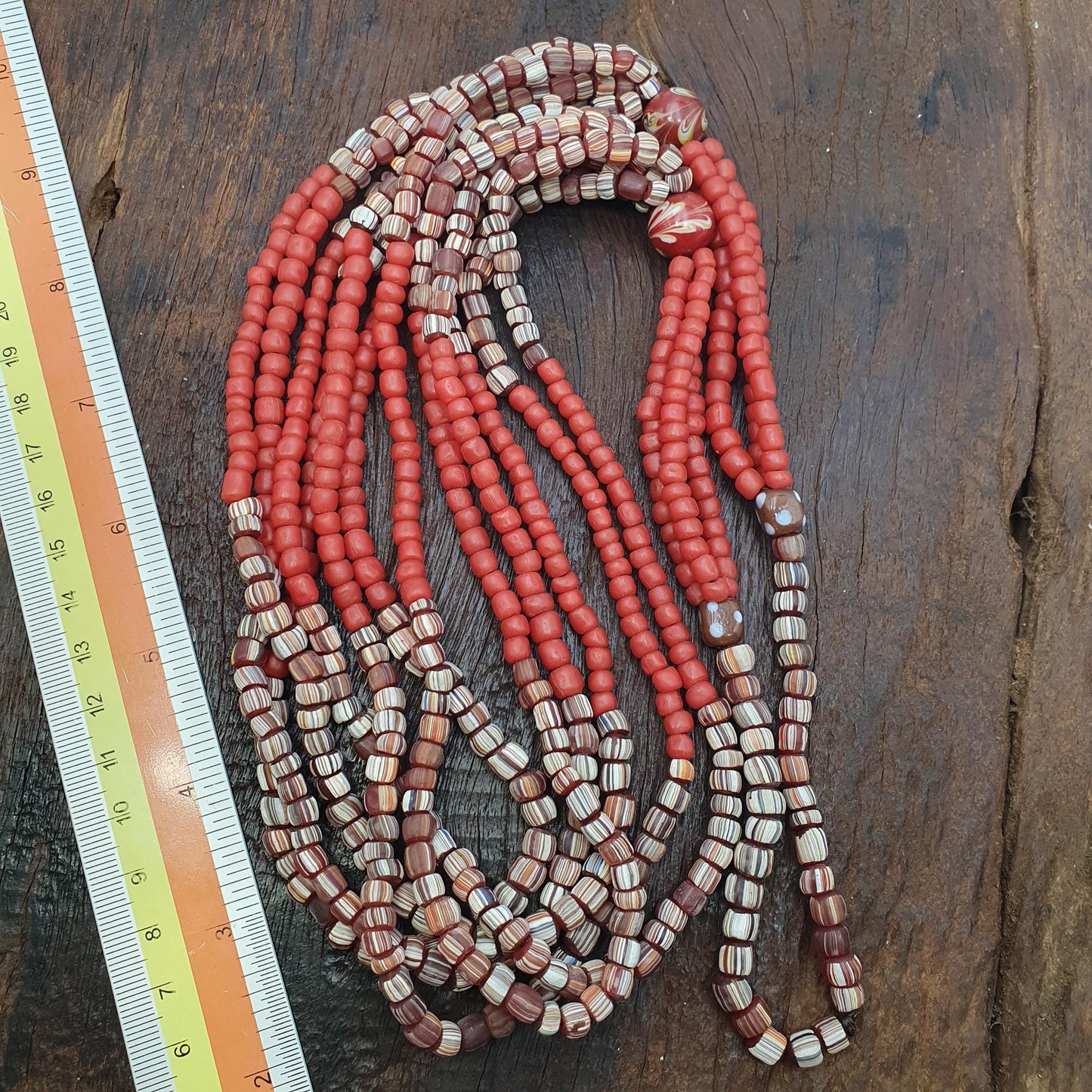 Red African Trade Seed Beads Multi-Color Striped Strands Glass Feather Beads 25" long necklace