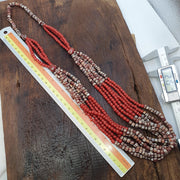 Red African Trade Seed Beads Multi-Color Striped Strands Glass Feather Beads 25" long necklace
