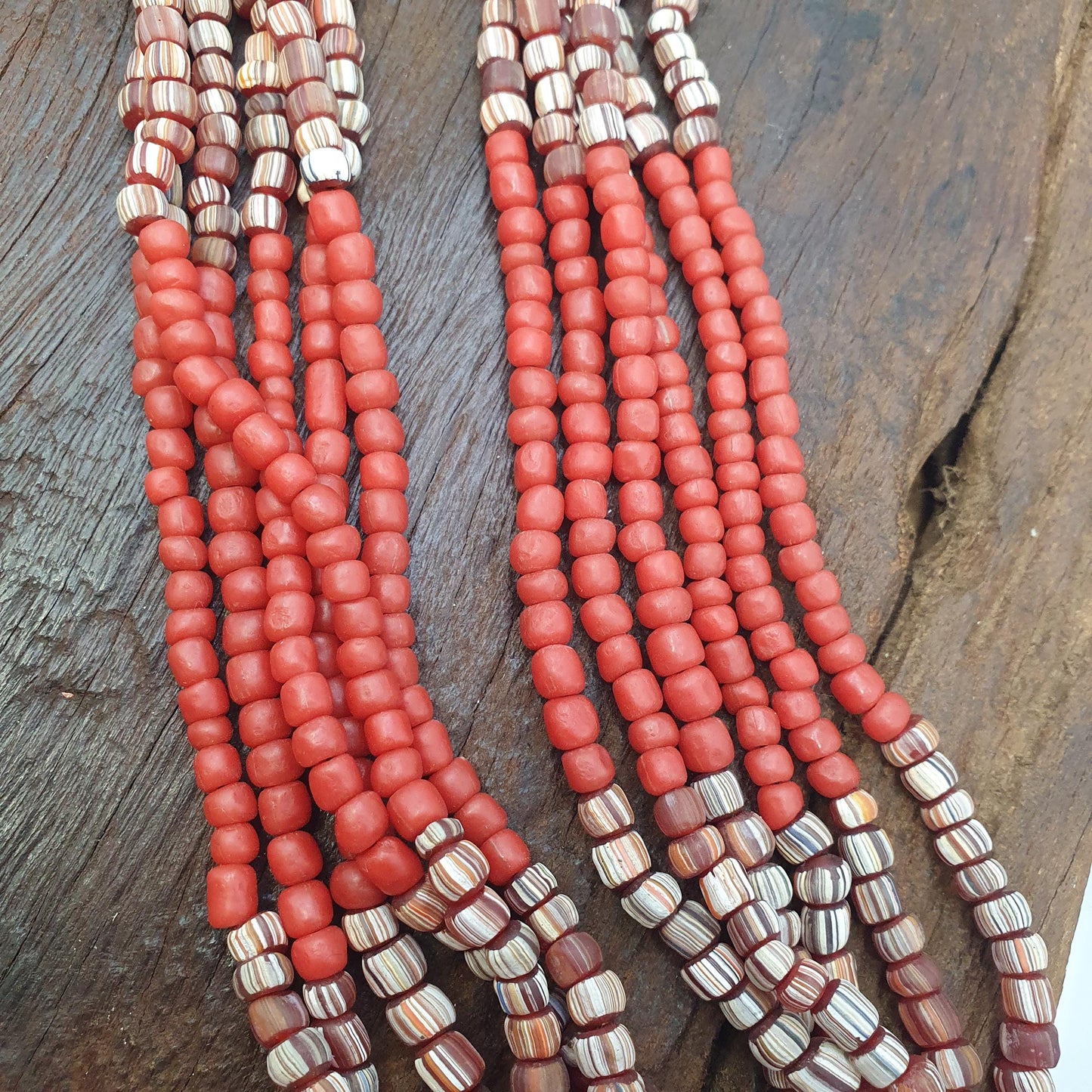 Red African Trade Seed Beads Multi-Color Striped Strands Glass Feather Beads 25" long necklace