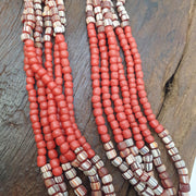 Red African Trade Seed Beads Multi-Color Striped Strands Glass Feather Beads 25" long necklace