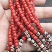 Red African Trade Seed Beads Multi-Color Striped Strands Glass Feather Beads 25" long necklace