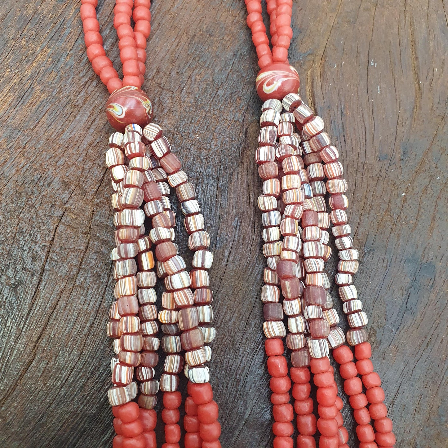 Red African Trade Seed Beads Multi-Color Striped Strands Glass Feather Beads 25" long necklace
