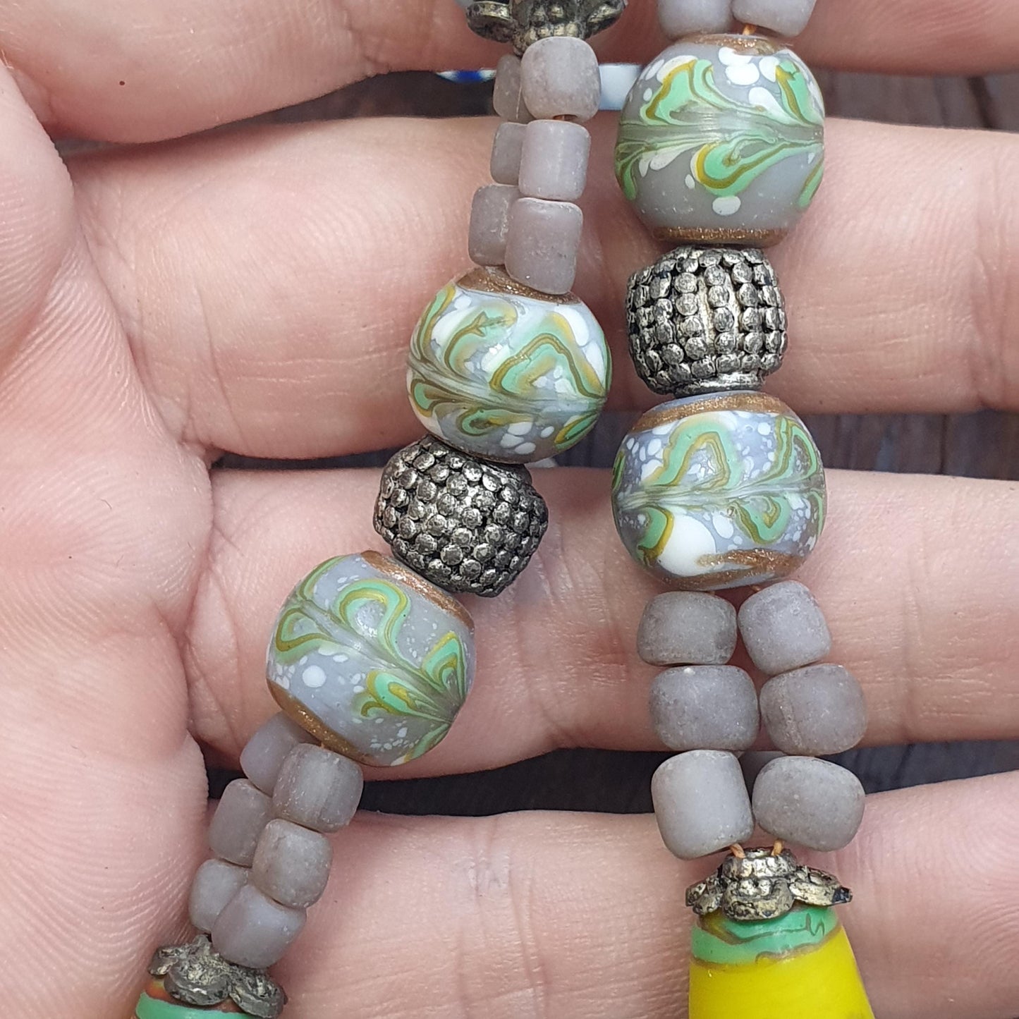 Vintage Grey Eye Bead Necklace ventian Style Glass Yellow Bicone 25 inches long