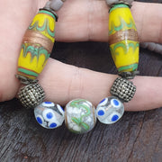 Vintage Grey Eye Bead Necklace ventian Style Glass Yellow Bicone 25 inches long