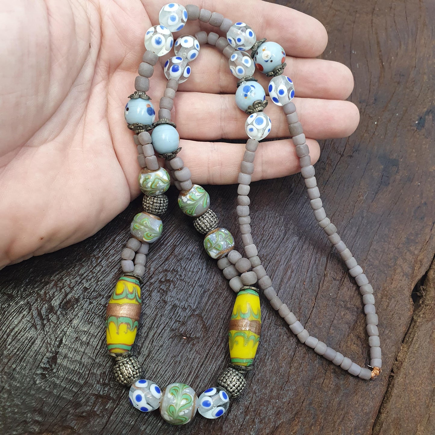 Vintage Grey Eye Bead Necklace ventian Style Glass Yellow Bicone 25 inches long