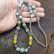 Vintage Grey Eye Bead Necklace ventian Style Glass Yellow Bicone 25 inches long