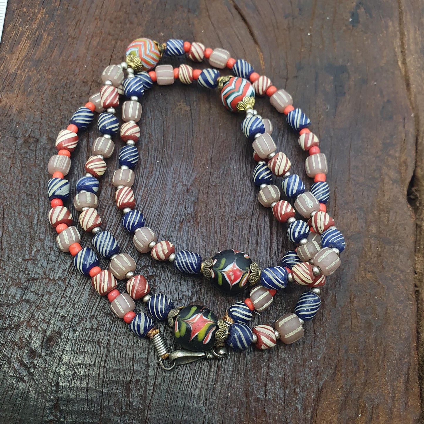 Vintage Striped Glass Trade Bead Necklace Multi-Strand with Patterned Focal Beads