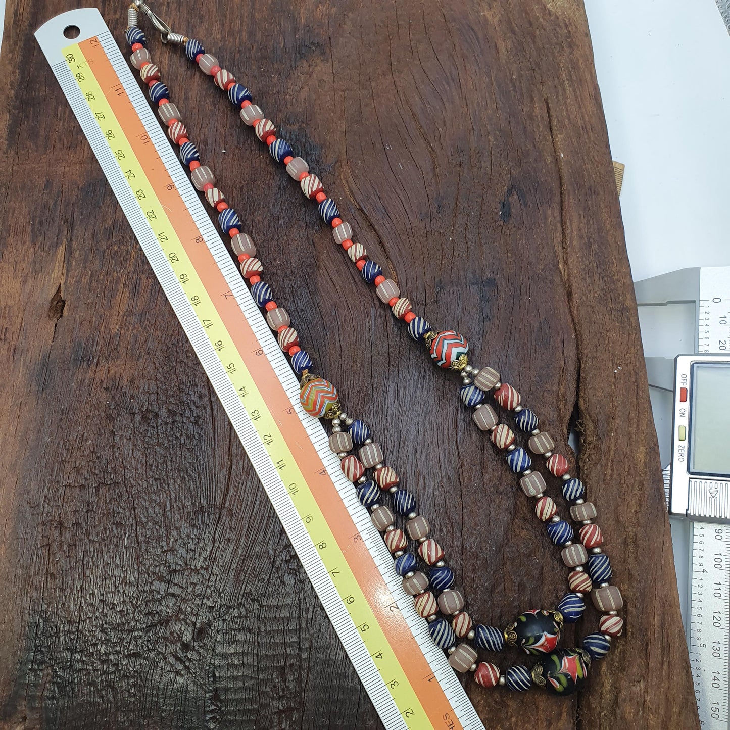 Vintage Striped Glass Trade Bead Necklace Multi-Strand with Patterned Focal Beads