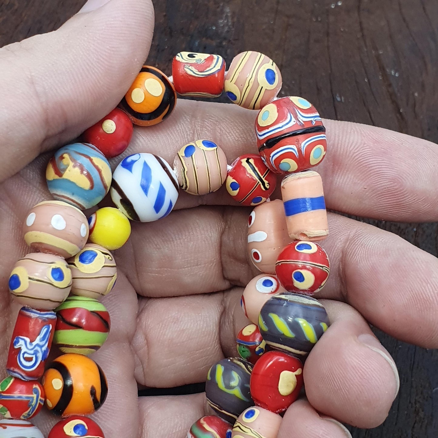 Mixed Millefiori African Style Glass Beads Mosaic Eye Pattern Strand 24 inches Long, Vintage beads, Ethnic Inspiration, Handcrafted Jewelry