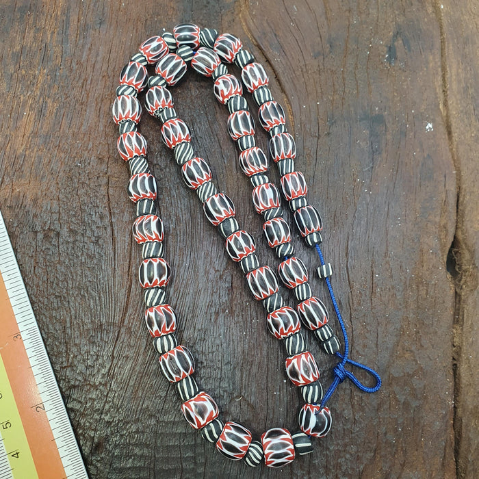 Vintage Venetian Style Chevron & Black Striped Glass Beads Strands 25" long necklace