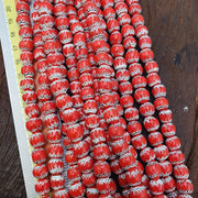 Red White Feathered, African Style Round Glass Bead Strand | Chevron Pattern, Textured Accents, 20 Inch