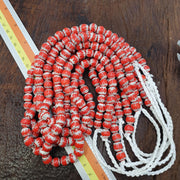 Red White Feathered, African Style Round Glass Bead Strand | Chevron Pattern, Textured Accents, 20 Inch