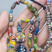 Rare Venetian Styl Face Bead Necklace - Millefiori Mosaic Glass Trade Beads - 26 inches Handmade Artisan Lampwork Jewelry