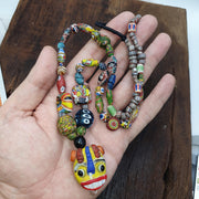 Rare Venetian Styl Face Bead Necklace - Millefiori Mosaic Glass Trade Beads - 26 inches Handmade Artisan Lampwork Jewelry