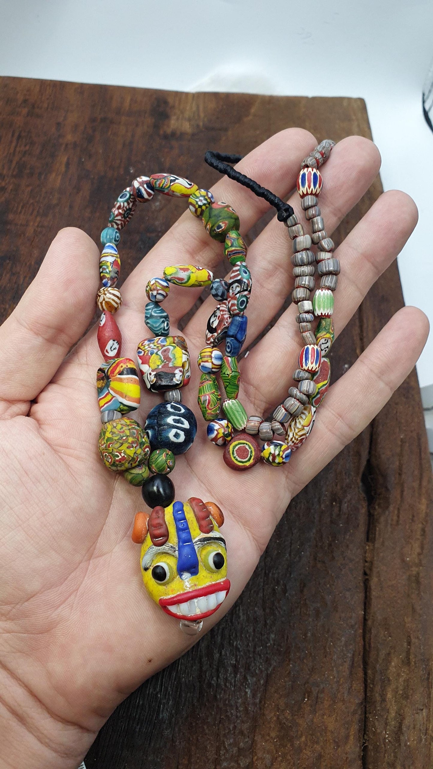 Rare Venetian Styl Face Bead Necklace - Millefiori Mosaic Glass Trade Beads - 26 inches Handmade Artisan Lampwork Jewelry