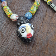 Rare Venetian Styl Face Bead Necklace - Millefiori Mosaic Glass Trade Beads - 24 inches Handmade Artisan Lampwork Jewelry
