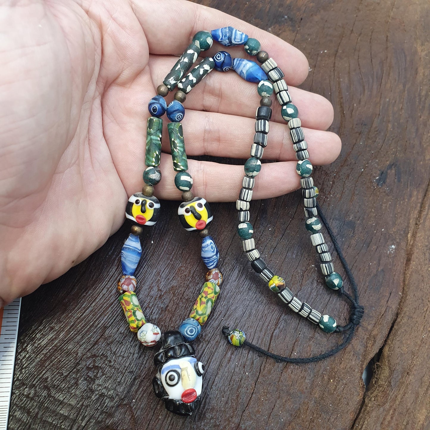 Rare Venetian Styl Face Bead Necklace - Millefiori Mosaic Glass Trade Beads - 24 inches Handmade Artisan Lampwork Jewelry
