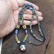 Rare Venetian Styl Face Bead Necklace - Millefiori Mosaic Glass Trade Beads - 24 inches Handmade Artisan Lampwork Jewelry
