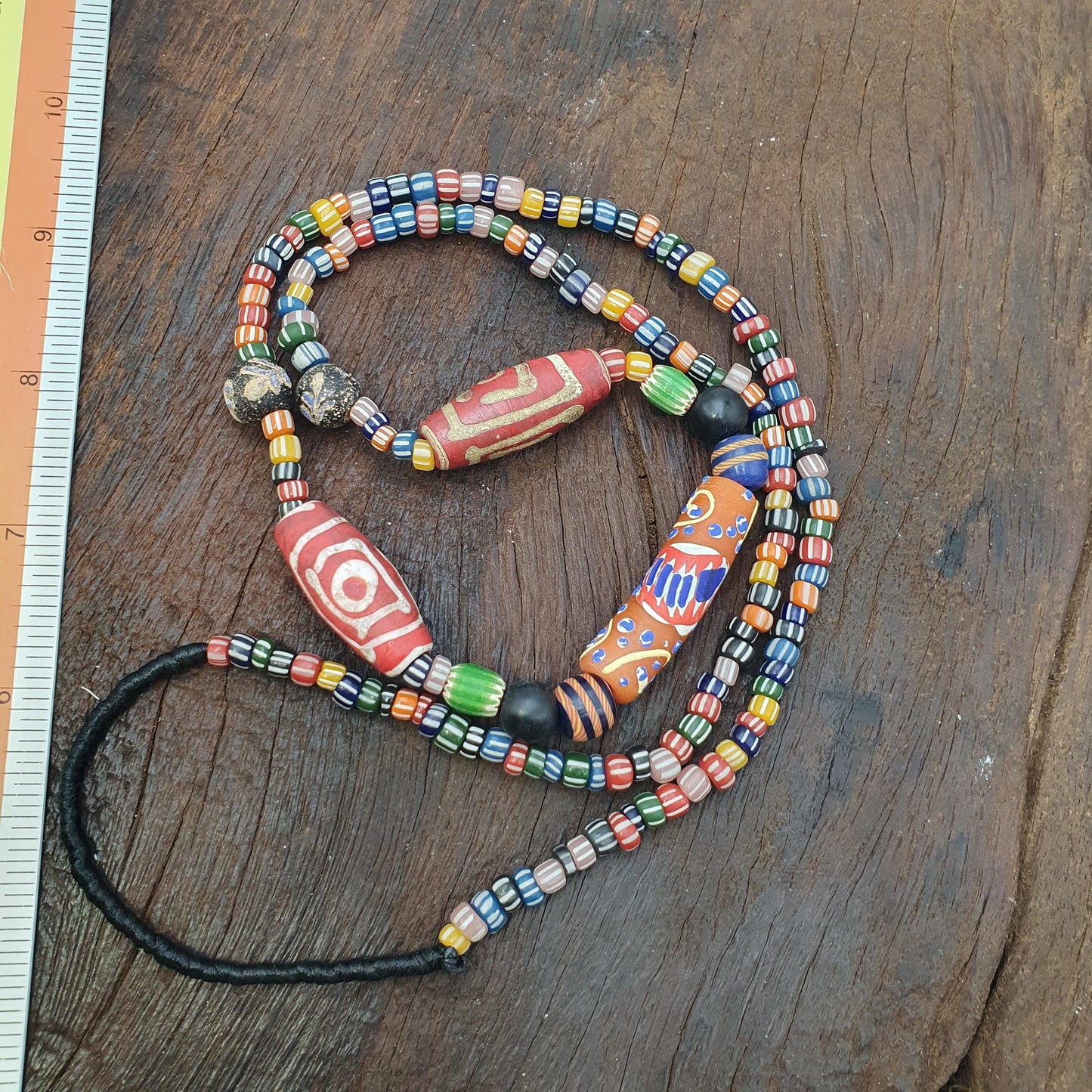 Colorful African Trade Bead Necklace, Hand Painted Tubular Glass Jewelry, Tribal Statement Necklace, Earthy Boho Style