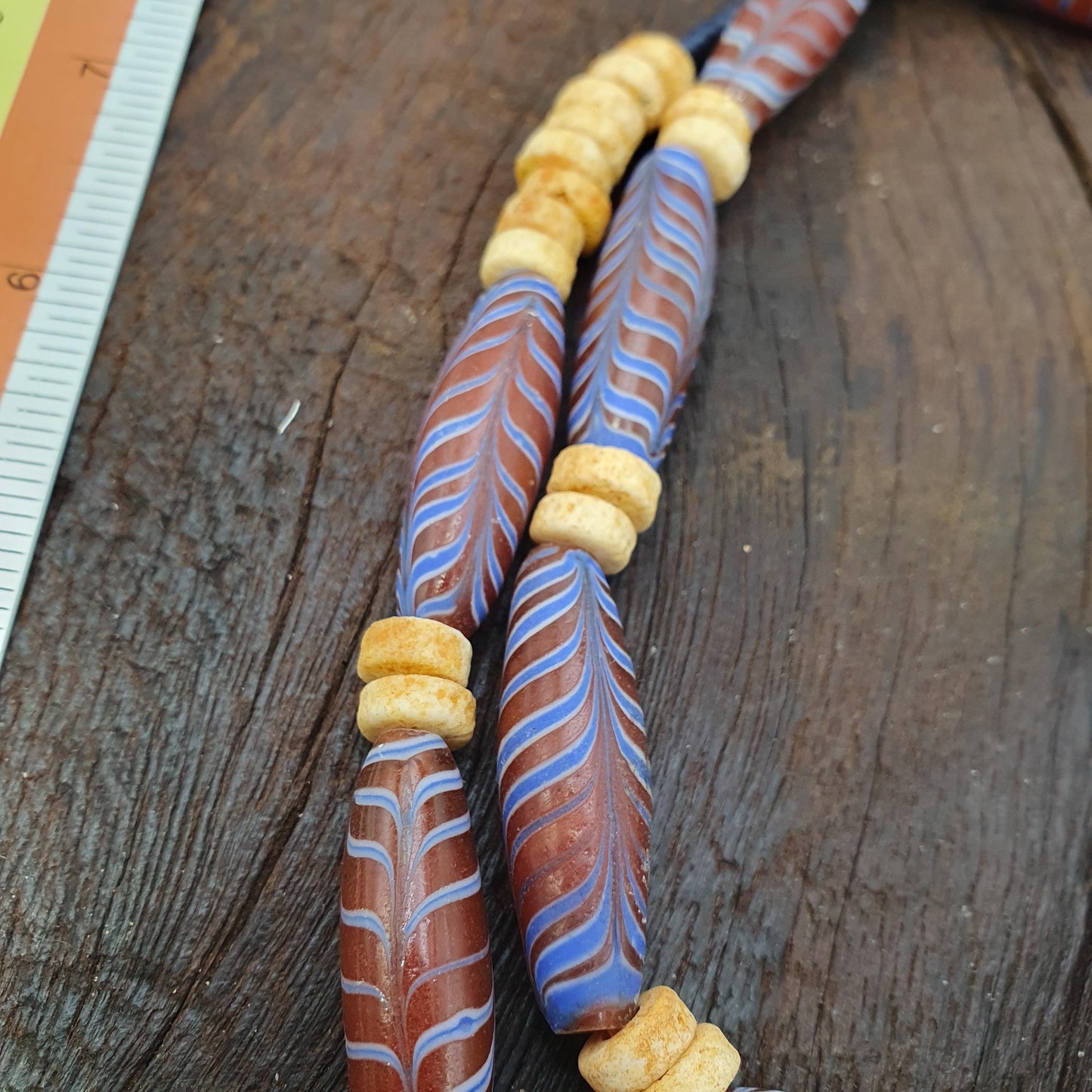 Venetian Style Bead Necklace, Red and Blue Feather Pattern Glass Tubes, Tribal Boho Statement Jewelry, Unique Gift for Him or Her
