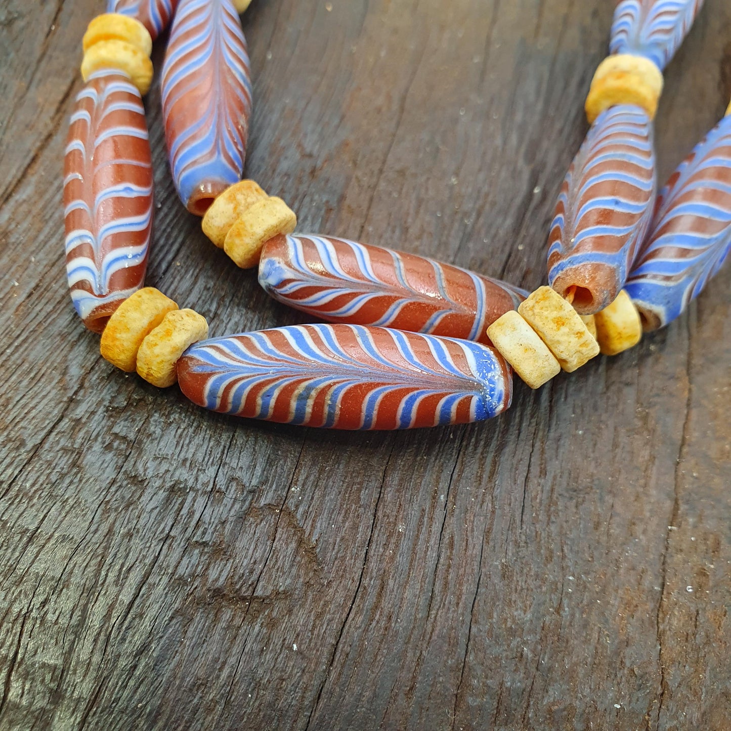 Venetian Style Bead Necklace, Red and Blue Feather Pattern Glass Tubes, Tribal Boho Statement Jewelry, Unique Gift for Him or Her