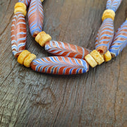 East Oasis Venetian Style Bead Necklace with Red and Blue Feather Pattern Glass Tubes