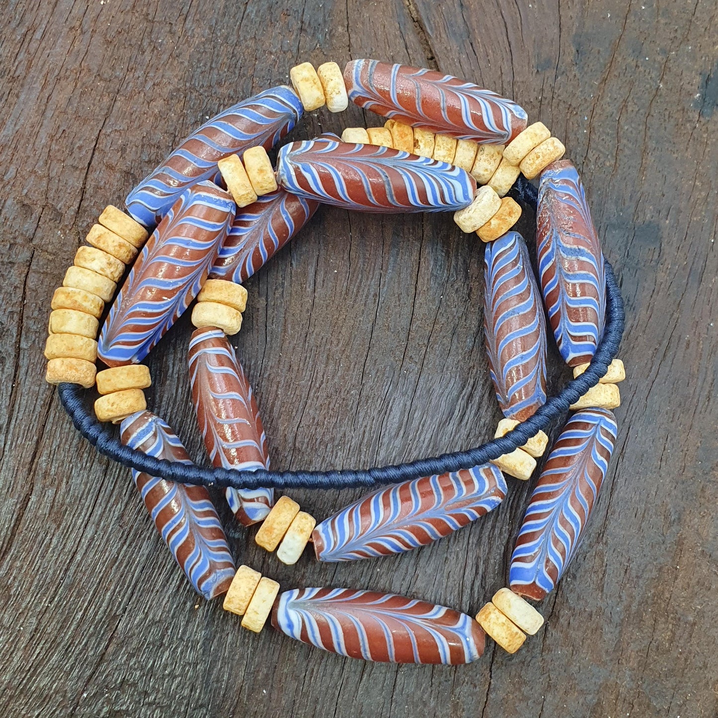 Venetian Style Bead Necklace, Red and Blue Feather Pattern Glass Tubes, Tribal Boho Statement Jewelry, Unique Gift for Him or Her