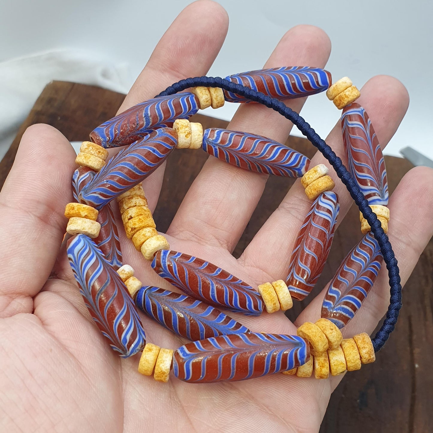 Venetian Style Bead Necklace, Red and Blue Feather Pattern Glass Tubes, Tribal Boho Statement Jewelry, Unique Gift for Him or Her