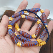 East Oasis Venetian Style Bead Necklace with Red and Blue Feather Pattern Glass Tubes