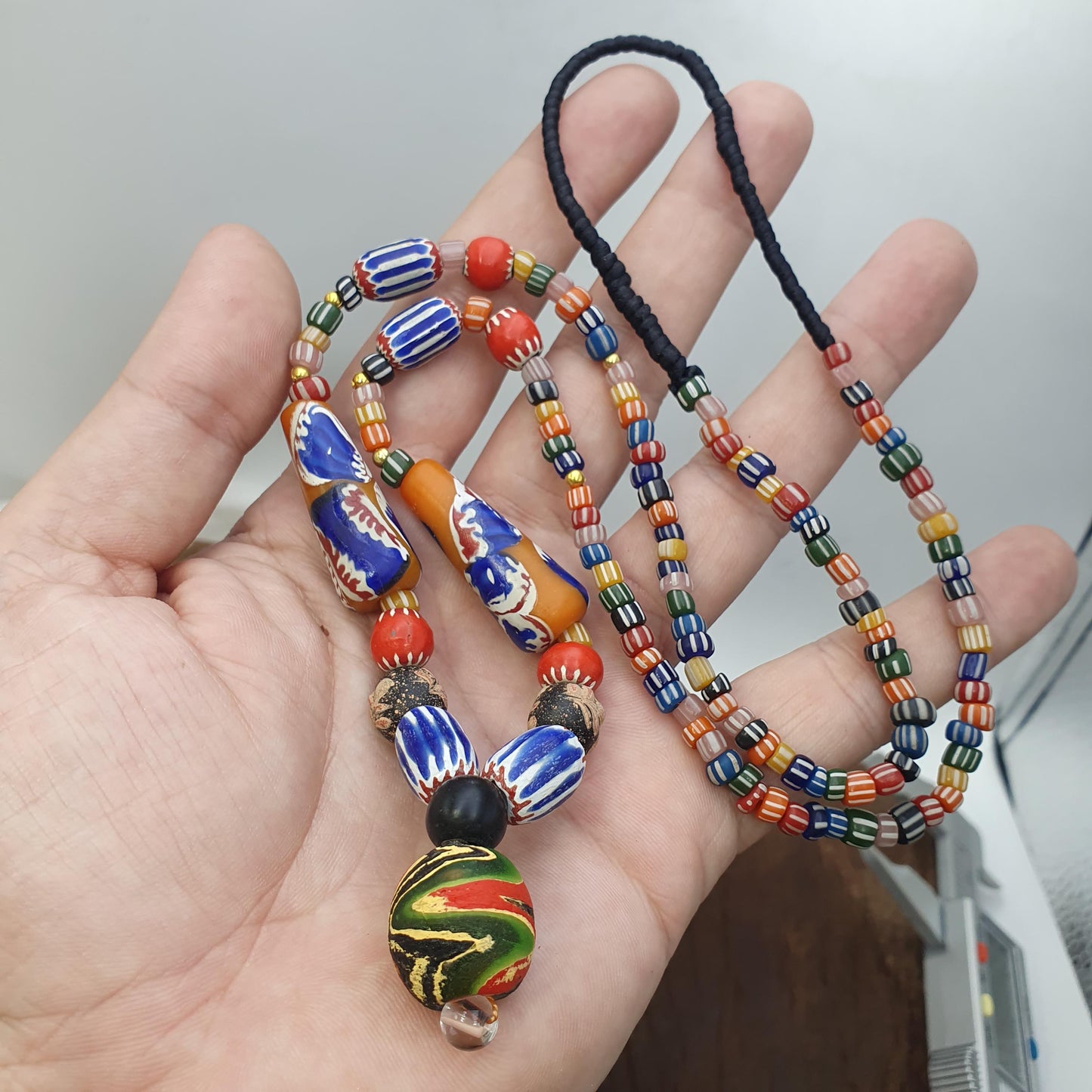 African Style Bead Necklace with Millefiori Glass Pendant, Tribal Style Artisan Jewelry for Boho Lovers