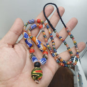 African Style Bead Necklace with Millefiori Glass Pendant, Tribal Style Artisan Jewelry for Boho Lovers