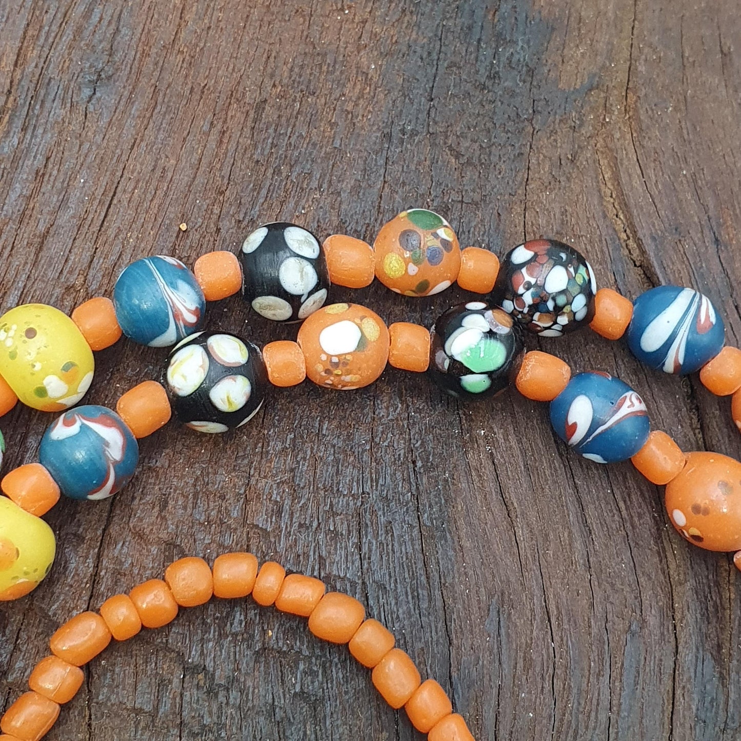 Polka Dot Glass Bead Necklace, Earthy Chevron Beads, Vibrant Orange Tribal Boho Jewelry, Unique Artisan Gift