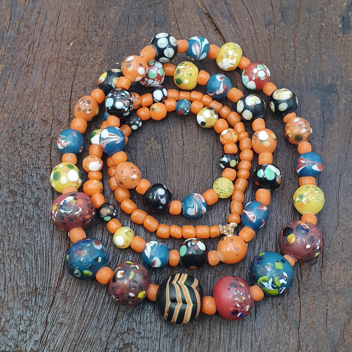 Polka Dot Glass Bead Necklace, Earthy Chevron Beads, Vibrant Orange Tribal Boho Jewelry, Unique Artisan .