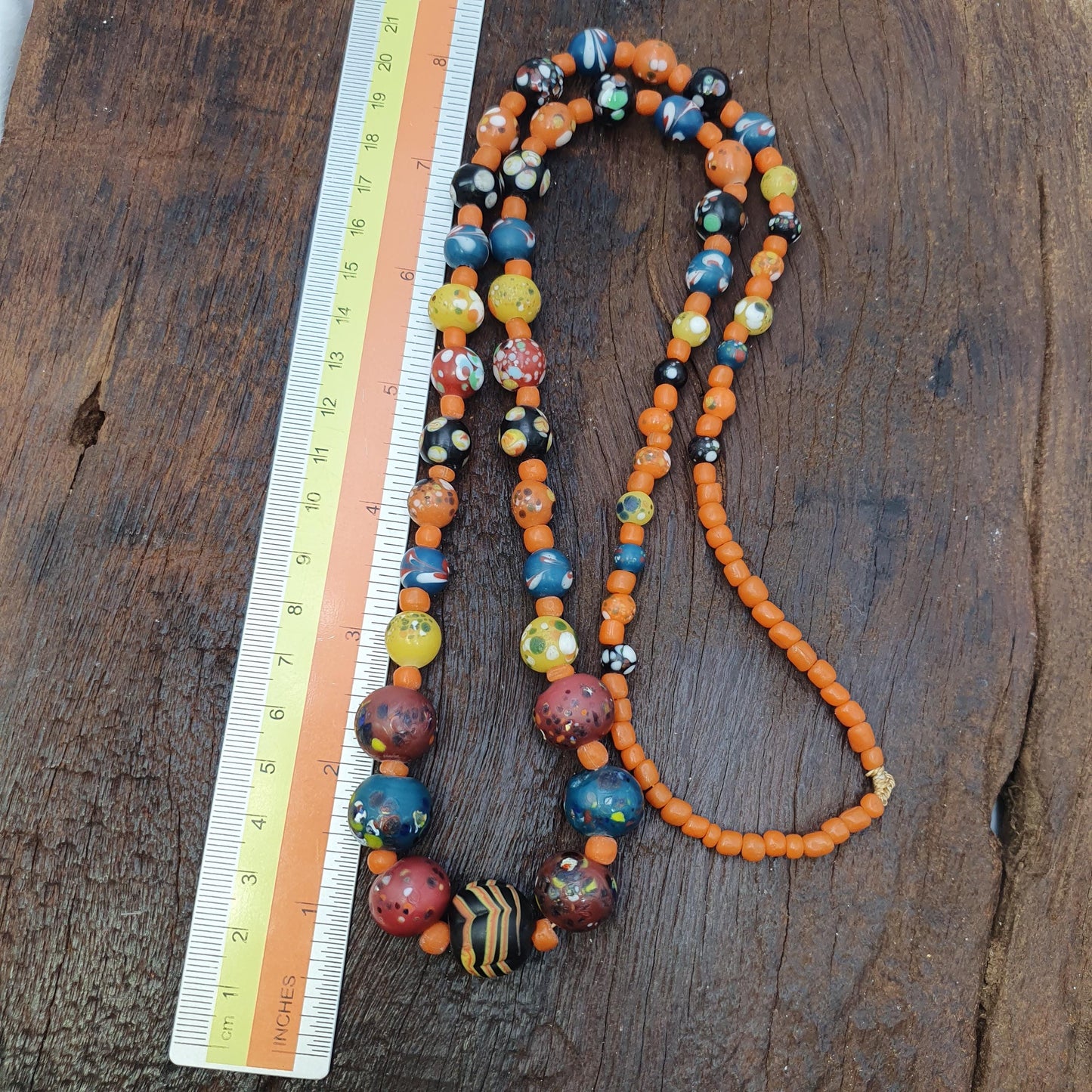 Polka Dot Glass Bead Necklace, Earthy Chevron Beads, Vibrant Orange Tribal Boho Jewelry, Unique Artisan Gift
