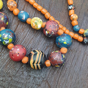 Polka Dot Glass Bead Necklace, Earthy Chevron Beads, Vibrant Orange Tribal Boho Jewelry, Unique Artisan .