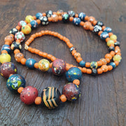 Polka Dot Glass Bead Necklace, Earthy Chevron Beads, Vibrant Orange Tribal Boho Jewelry, Unique Artisan .