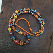 Polka Dot Glass Bead Necklace, Earthy Chevron Beads, Vibrant Orange Tribal Boho Jewelry, Unique Artisan .
