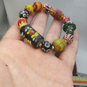 Venetian Style Glass, African Vintage Bracelet | Mixed Beads, Chevron Millefiori | Single-Strand