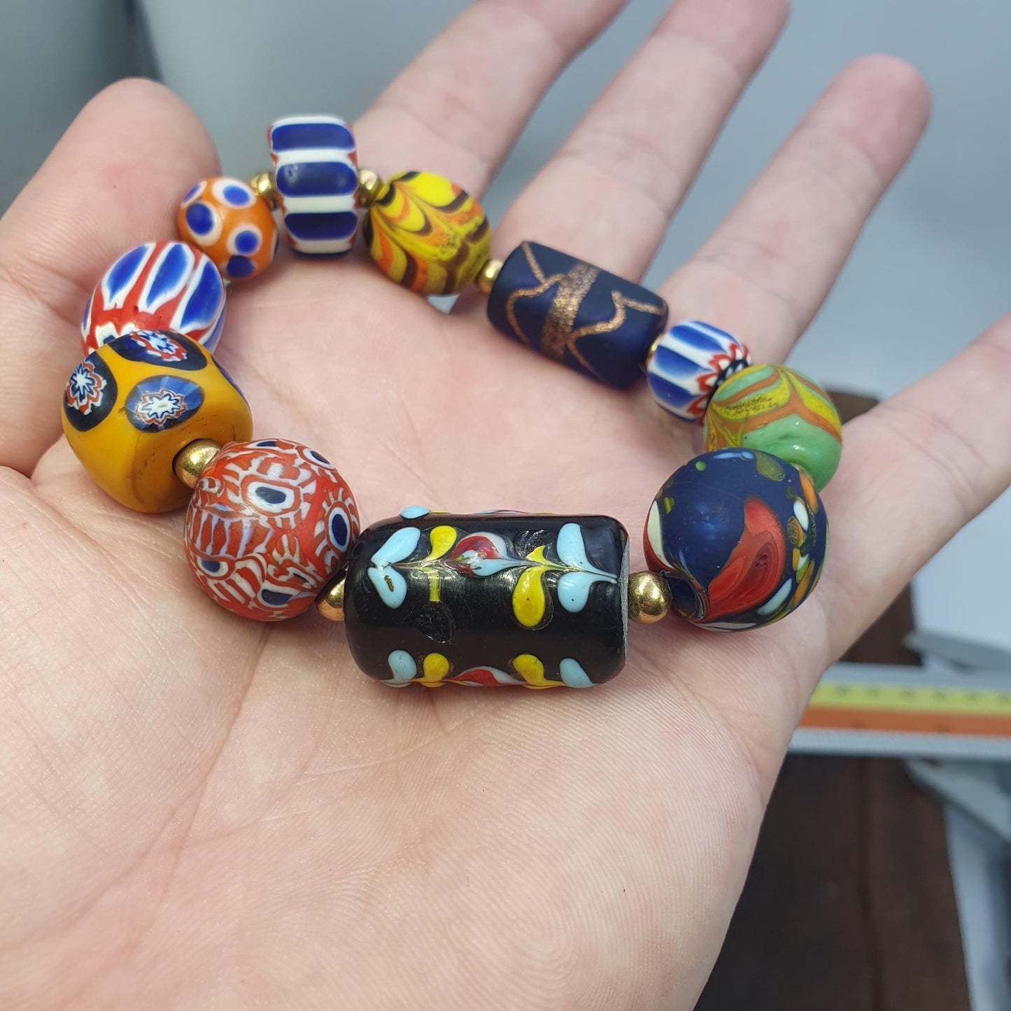 Vintage African Venetian Style Glass Beads Bracelet, Handmade Boho Jewelry
