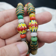 Vintage Venetian Style Yellow Red Chevron & Green Feather Glass Beads Necklace