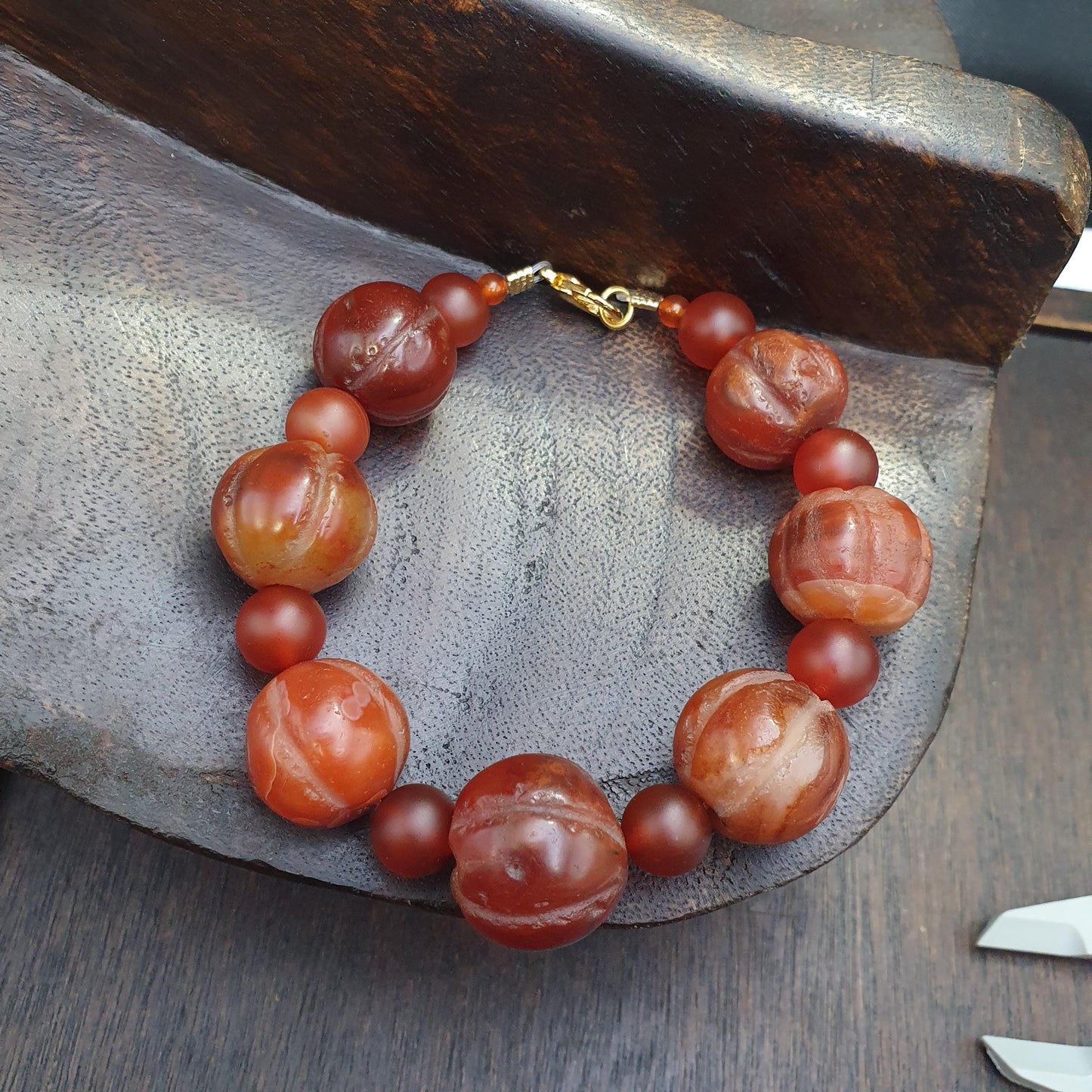 Antique Tibetan carnelian agate beads melon shape beaded Bracelet 18-20mm