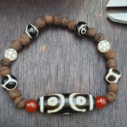 Tibetan Dzi Agate Beaded Bracelet with Carnelian Himalayan Seed Carving, Spiritual Healing, Meditation Jewelry, Antique Tibetan Amulet Style