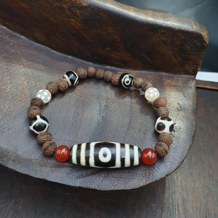 Tibetan Dzi Agate Beaded Bracelet with Carnelian Himalayan Seed Carving, Spiritual Healing, Meditation Jewelry, Antique Tibetan Amulet Style