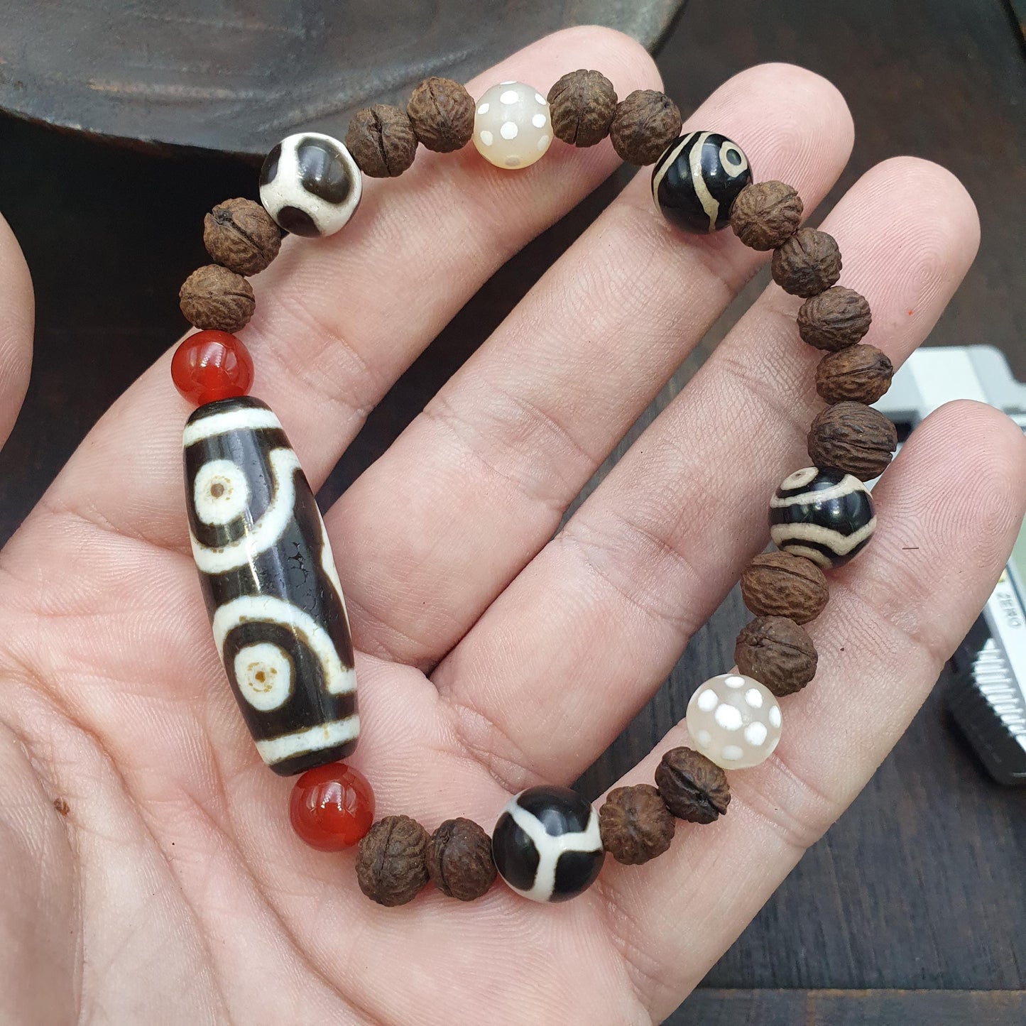 Tibetan Dzi Agate Beaded Bracelet with Carnelian Himalayan Seed Carving, Spiritual Healing, Meditation Jewelry, Antique Tibetan Amulet Style