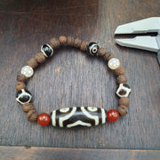 Tibetan Dzi Agate Beaded Bracelet with Carnelian Himalayan Seed Carving, Spiritual Healing, Meditation Jewelry, Antique Tibetan Amulet Style