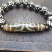 Old himalayan tibetan 3 Eyes dzi agate YAk bone beads unique pattern beaded Braclete