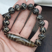 Old himalayan tibetan 3 Eyes dzi agate YAk bone beads unique pattern beaded Braclete