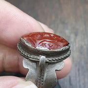 Antique carnelian old seal stamp agate king figurine Sterling silver Ring