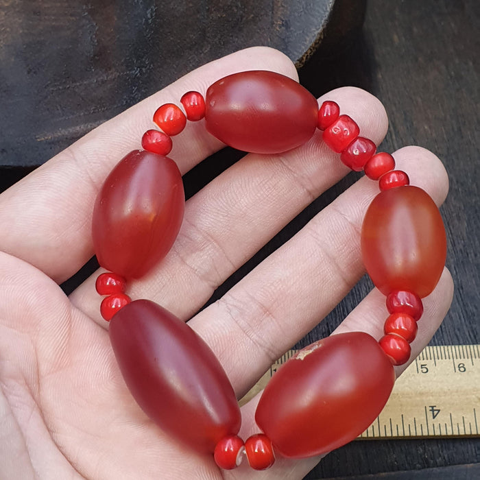 Vintage himalayan huge tube red agate and red white heart beads necklace